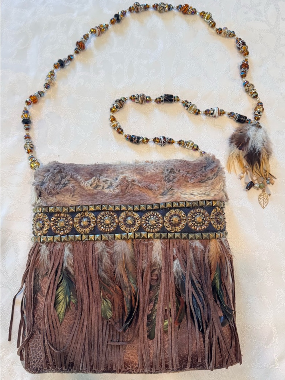 Handmade Boho Fringe Crossbody Purse Faux Fur Beaded Strap Feather Festival Bag